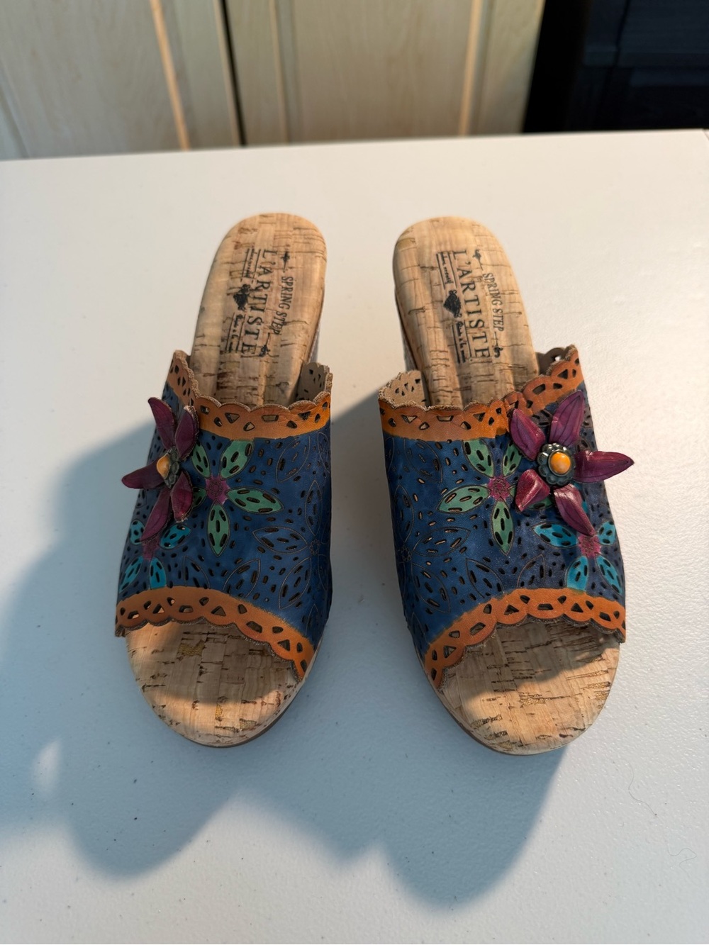 L'ATISTE Blue Leather Cork Slide Mules with Floral Accent